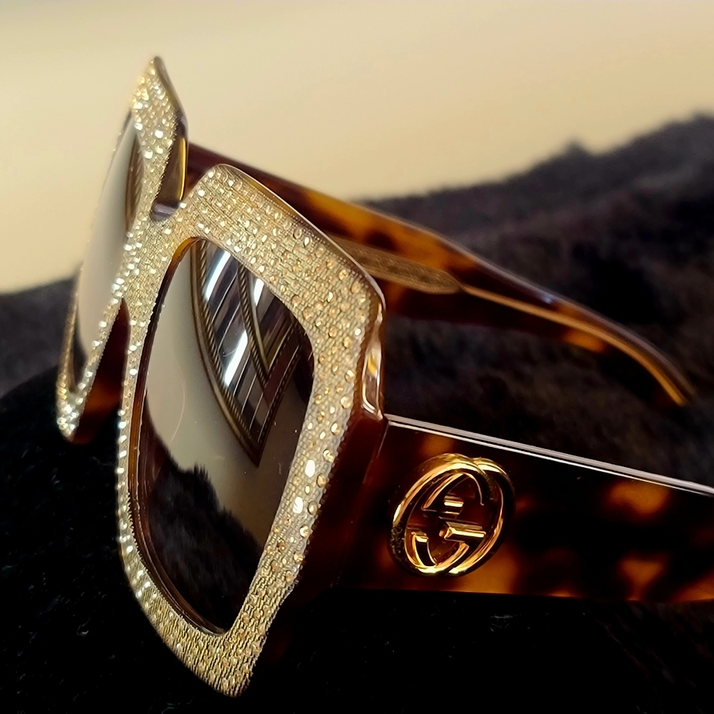 Gucci Fashion Inspired Oversized Dark Tortoiseshell Sunglasses embellished frame